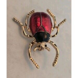 Red Enamel Beetle Brooch Gold Tone Insect Pin Sparkle Body Cute Bug Jewelry #841